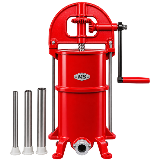 Embutidora manual MS de 15 kg completa con sus tres picos de distintos calibres